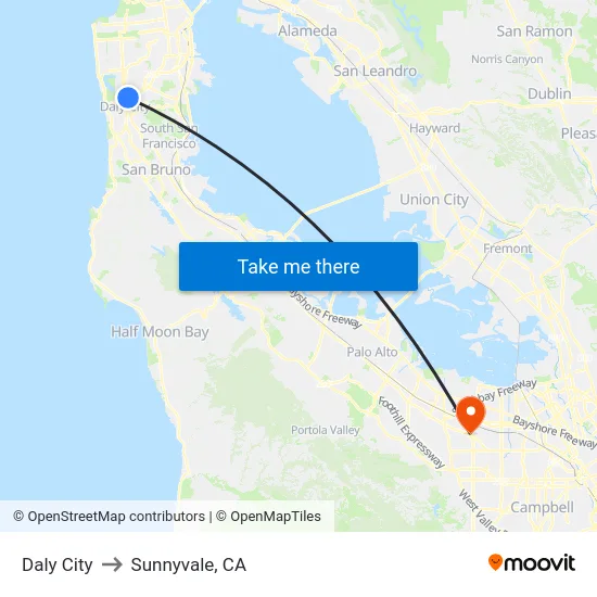 Daly City to Sunnyvale, CA map