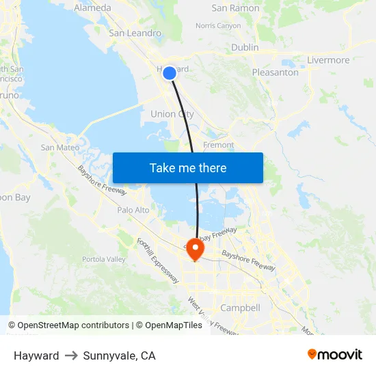 Hayward to Sunnyvale, CA map