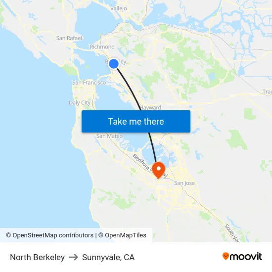 North Berkeley to Sunnyvale, CA map
