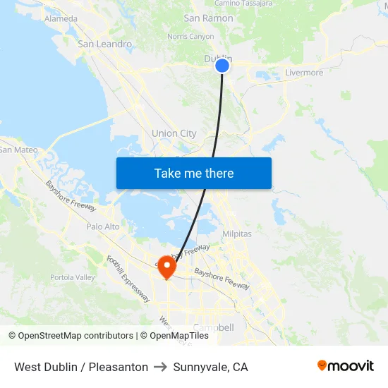 West Dublin / Pleasanton to Sunnyvale, CA map