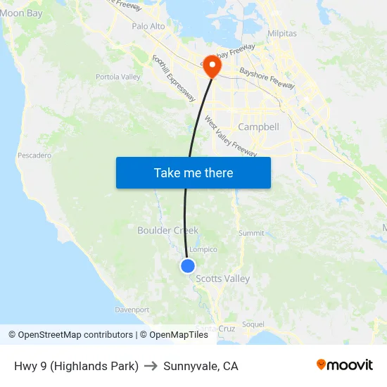 Hwy 9 (Highlands Park) to Sunnyvale, CA map
