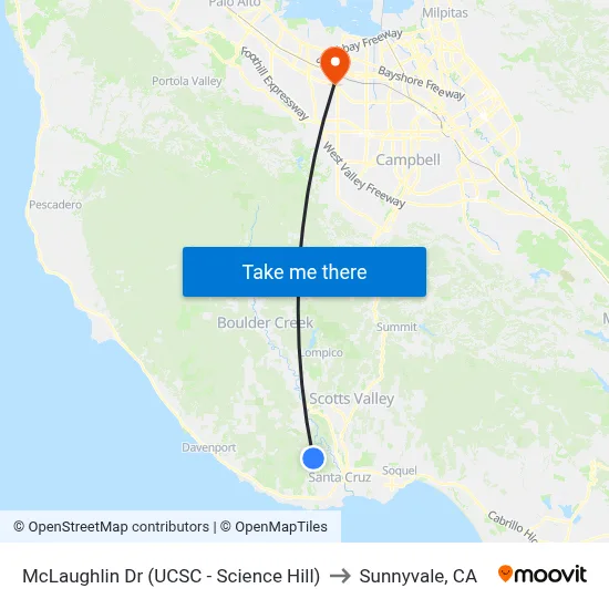 McLaughlin Dr (UCSC - Science Hill) to Sunnyvale, CA map