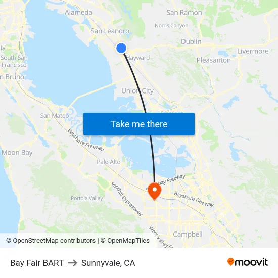 Bay Fair BART to Sunnyvale, CA map