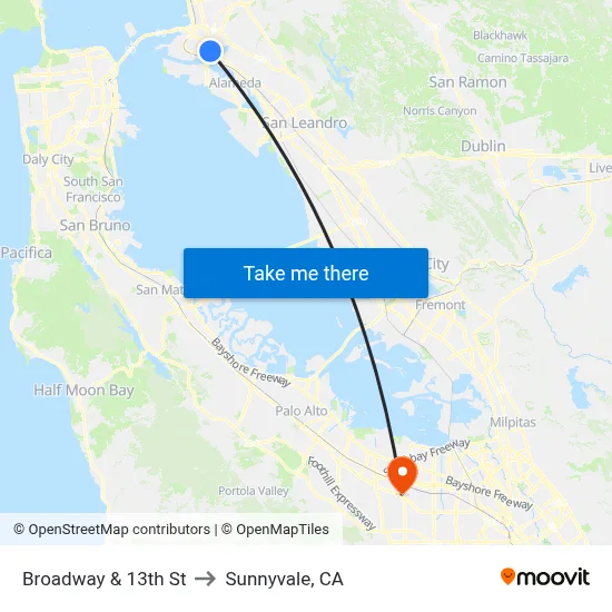 Broadway & 13th St to Sunnyvale, CA map