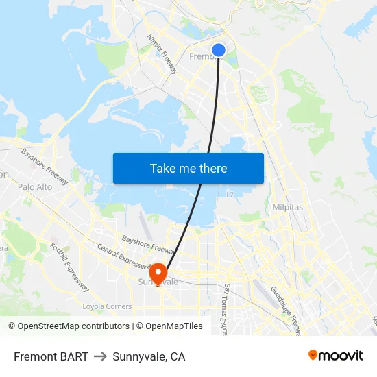 Fremont BART to Sunnyvale, CA map