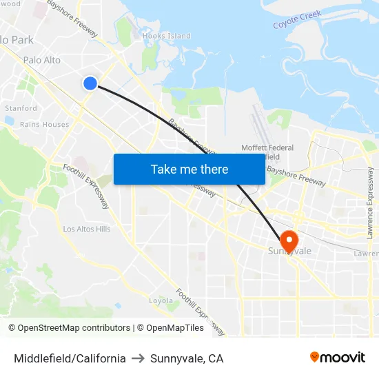 Middlefield/California to Sunnyvale, CA map