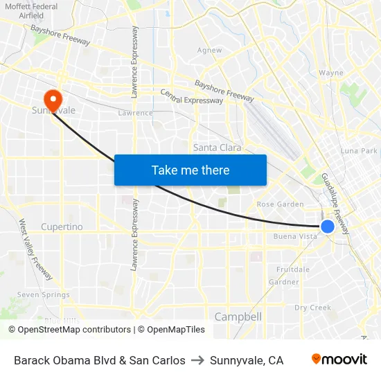 Barack Obama Blvd & San Carlos to Sunnyvale, CA map