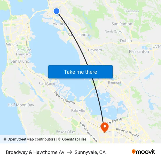 Broadway & Hawthorne Av to Sunnyvale, CA map