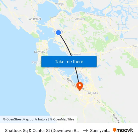 Shattuck Sq & Center St (Downtown Berkeley BART) to Sunnyvale, CA map