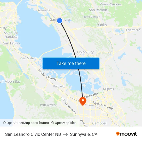 San Leandro Civic Center NB to Sunnyvale, CA map