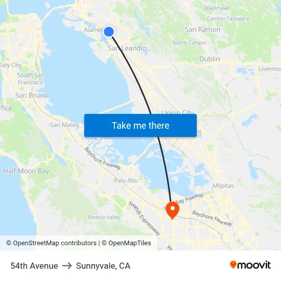 54th Avenue to Sunnyvale, CA map