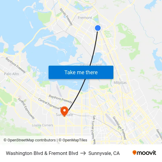 Washington Blvd & Fremont Blvd to Sunnyvale, CA map
