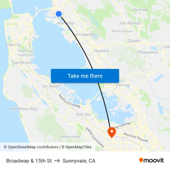 Broadway & 15th St to Sunnyvale, CA map
