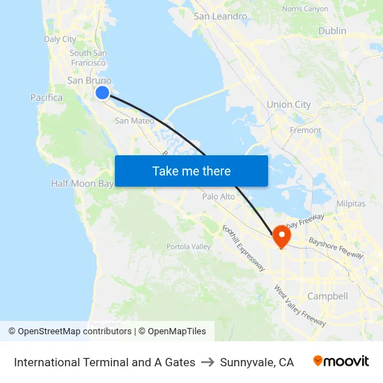 International Terminal and A Gates to Sunnyvale, CA map