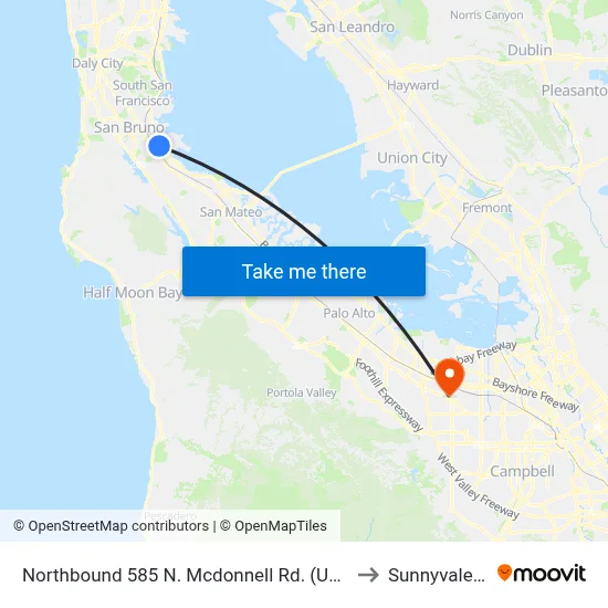 Northbound 585 N. Mcdonnell Rd. (Ual Cargo) to Sunnyvale, CA map
