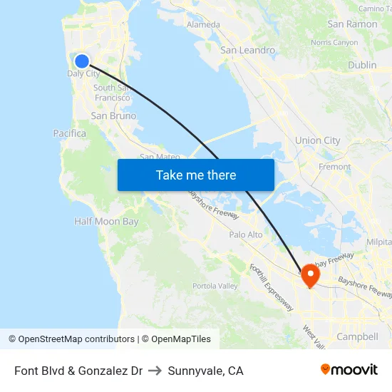 Font Blvd & Gonzalez Dr to Sunnyvale, CA map