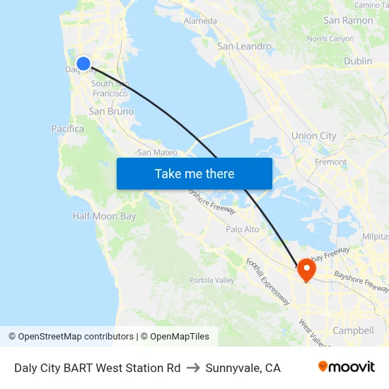 Daly City BART West Station Rd to Sunnyvale, CA map