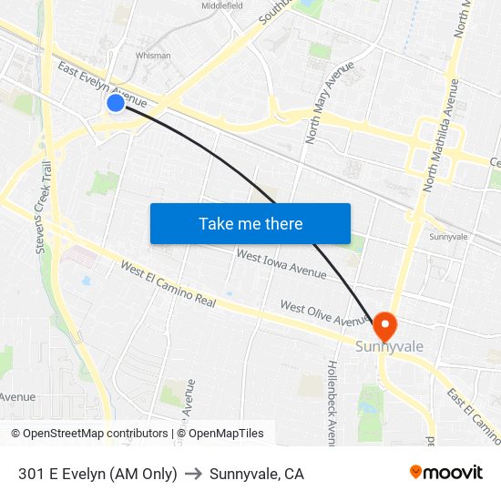 301 E Evelyn (AM Only) to Sunnyvale, CA map