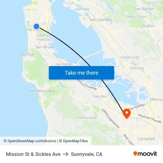 Mission St & Sickles Ave to Sunnyvale, CA map