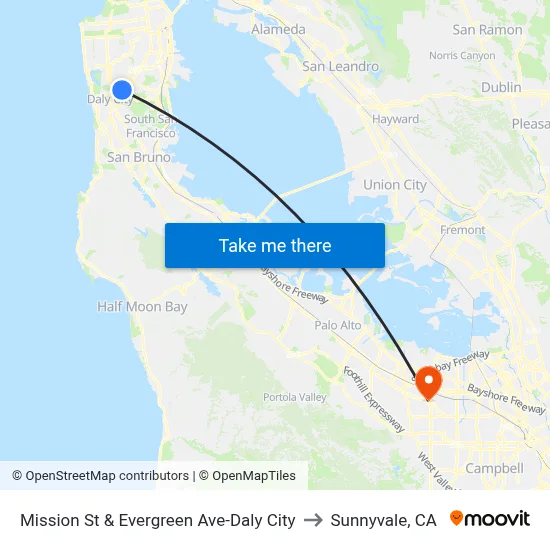 Mission St & Evergreen Ave-Daly City to Sunnyvale, CA map