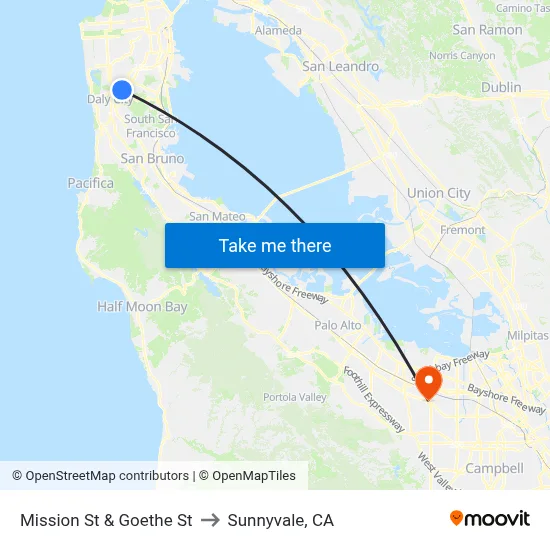 Mission St & Goethe St to Sunnyvale, CA map