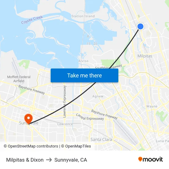 Milpitas & Dixon to Sunnyvale, CA map