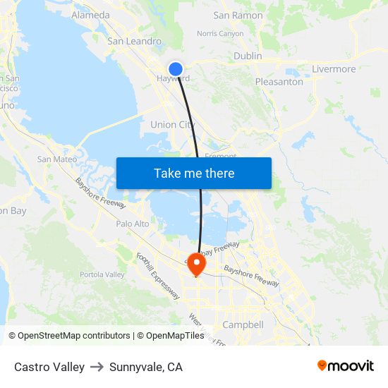 Castro Valley to Sunnyvale, CA map