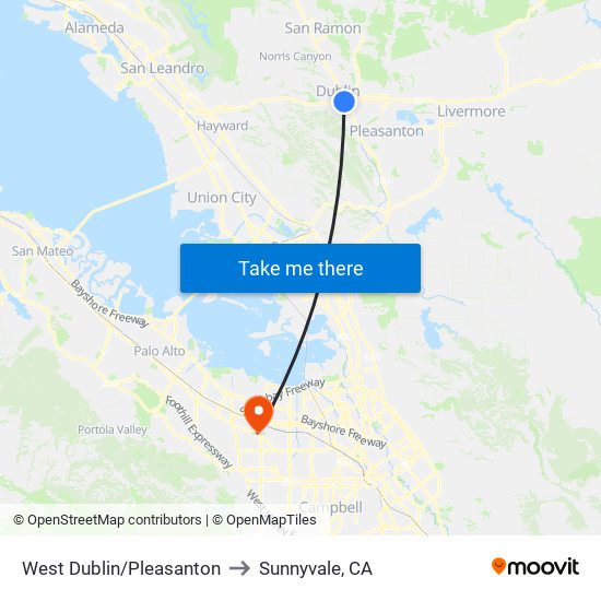 West Dublin/Pleasanton to Sunnyvale, CA map