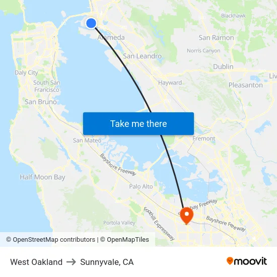 West Oakland to Sunnyvale, CA map