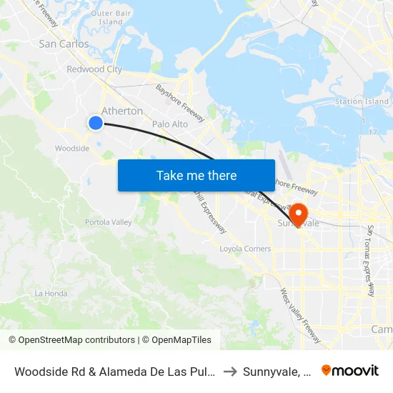 Woodside Rd & Alameda De Las Pulgas to Sunnyvale, CA map