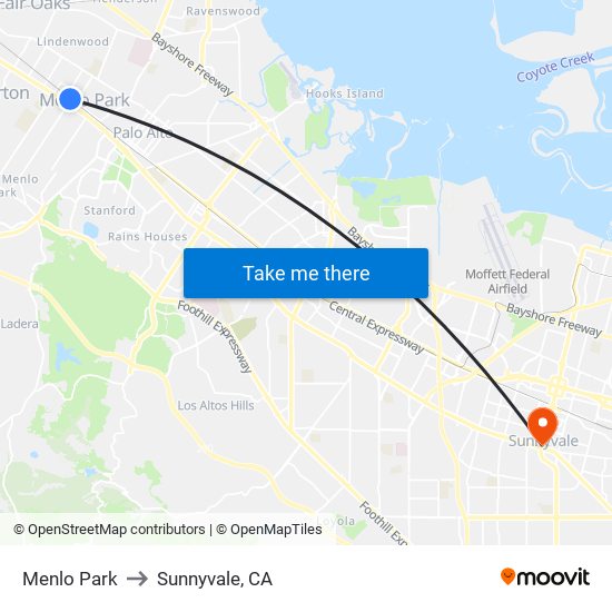 Menlo Park to Sunnyvale, CA map