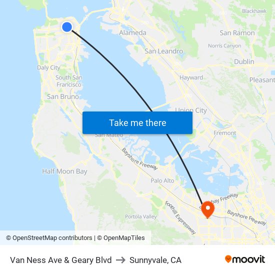 Van Ness Ave & Geary Blvd to Sunnyvale, CA map