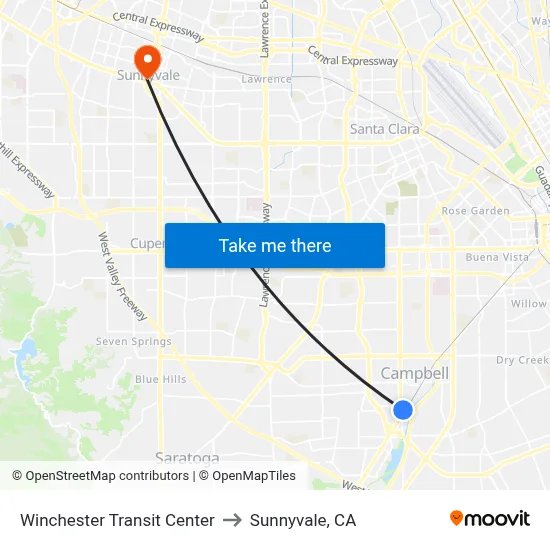 Winchester Transit Center to Sunnyvale, CA map