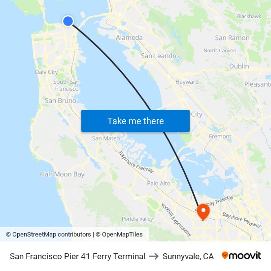 San Francisco Pier 41 Ferry Terminal to Sunnyvale, CA map