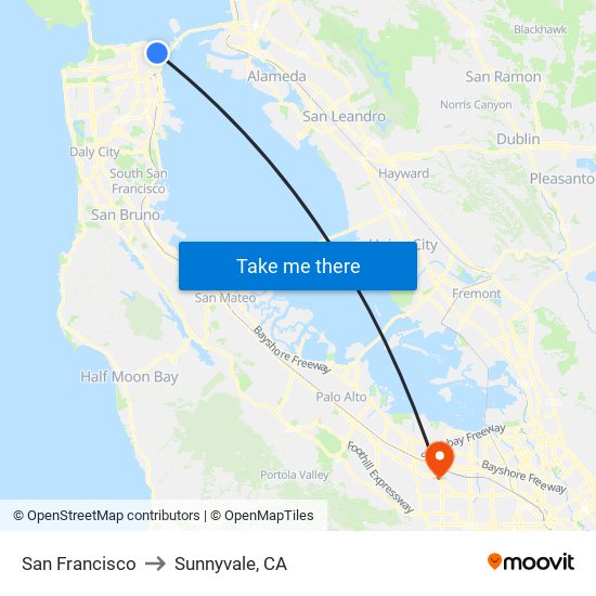 San Francisco to Sunnyvale, CA map