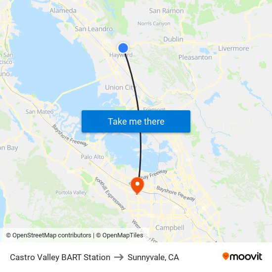 Castro Valley BART Station to Sunnyvale, CA map