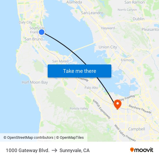 1000 Gateway Blvd. to Sunnyvale, CA map