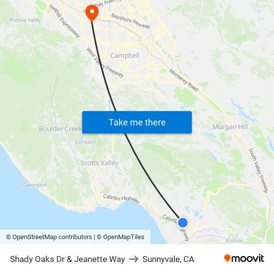 Shady Oaks Dr & Jeanette Way to Sunnyvale, CA map