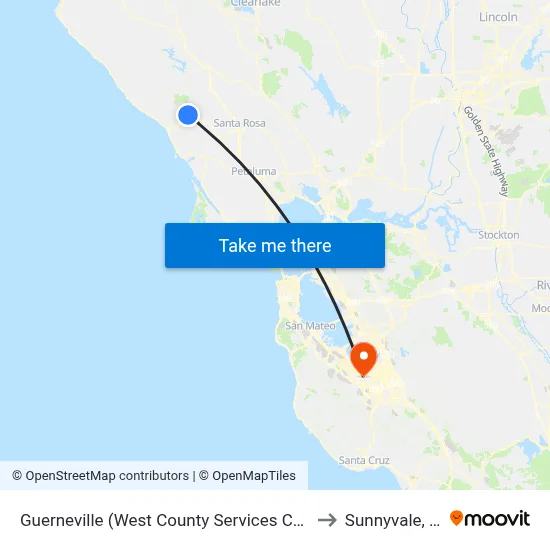 Guerneville (West County Services Center) to Sunnyvale, CA map
