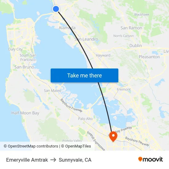 Emeryville Amtrak to Sunnyvale, CA map