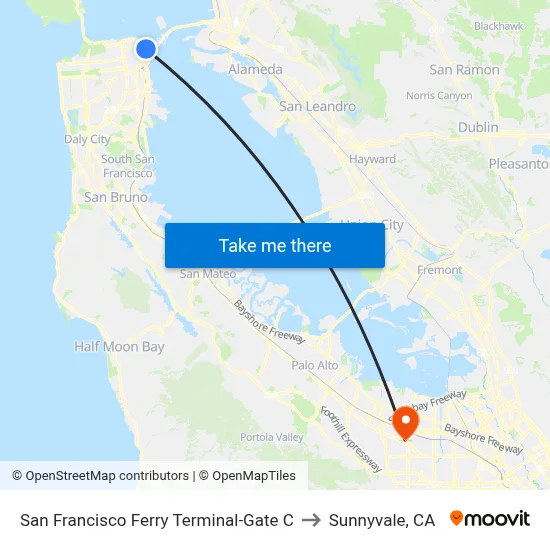 San Francisco Ferry Terminal-Gate C to Sunnyvale, CA map