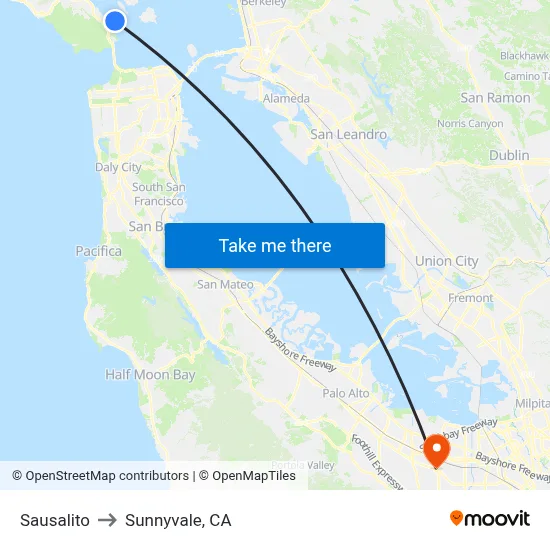 Sausalito to Sunnyvale, CA map