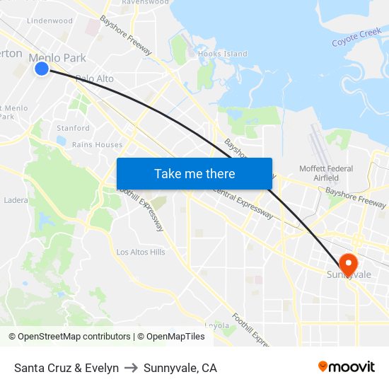 Santa Cruz & Evelyn to Sunnyvale, CA map