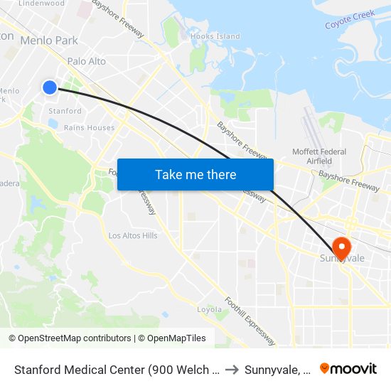 Stanford Medical Center (900 Welch Rd.) to Sunnyvale, CA map