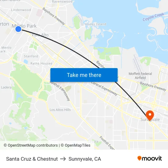Santa Cruz & Chestnut to Sunnyvale, CA map
