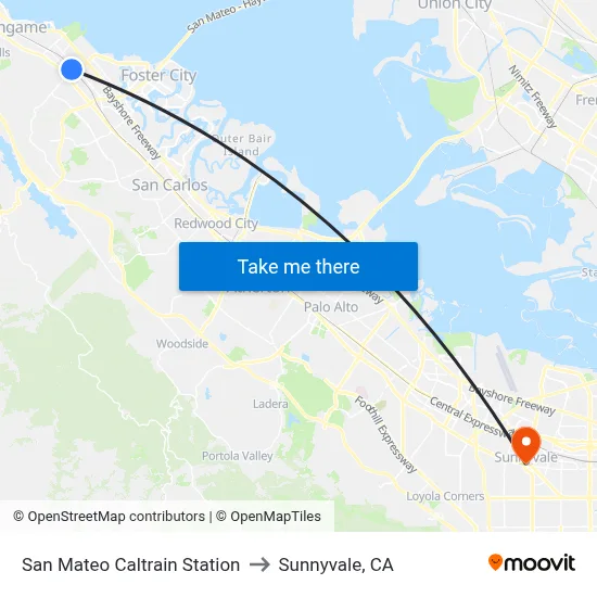San Mateo Caltrain Station to Sunnyvale, CA map