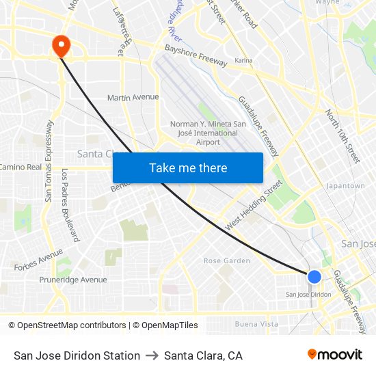 San Jose Diridon Station to Santa Clara, CA map
