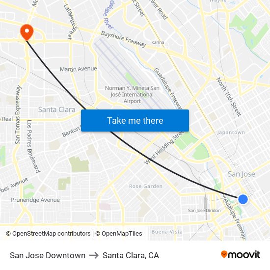 San Jose Downtown to Santa Clara, CA map