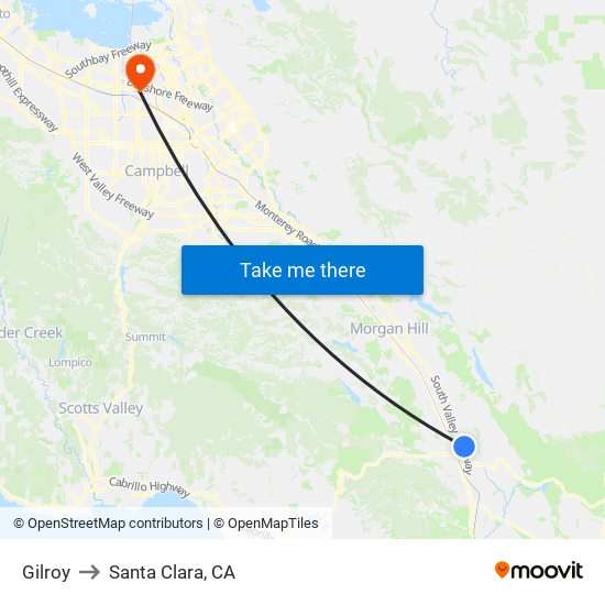 Gilroy to Santa Clara, CA map