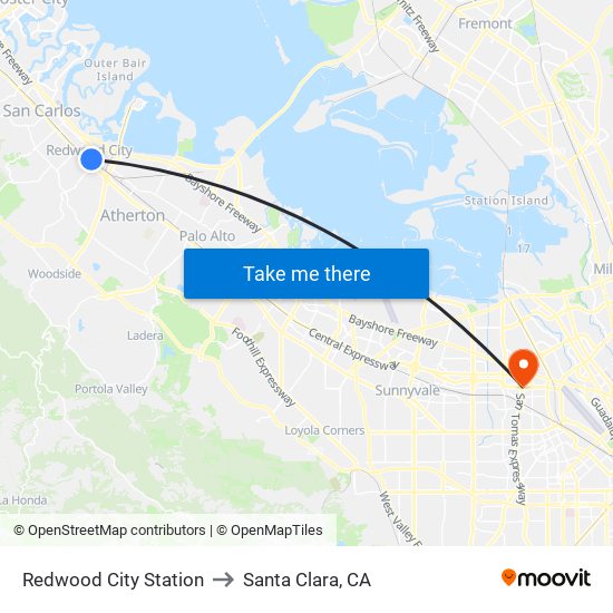 Redwood City Station to Santa Clara, CA map